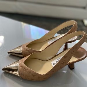 Jimmy Choo Liya Sling Back Kitten Heel. Made in Italy. Embossed logo.